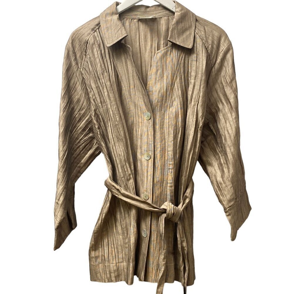 KATE HILL Top Plus Size 20W Linen Blend Tan Crinkle Belted Artsy Jacket